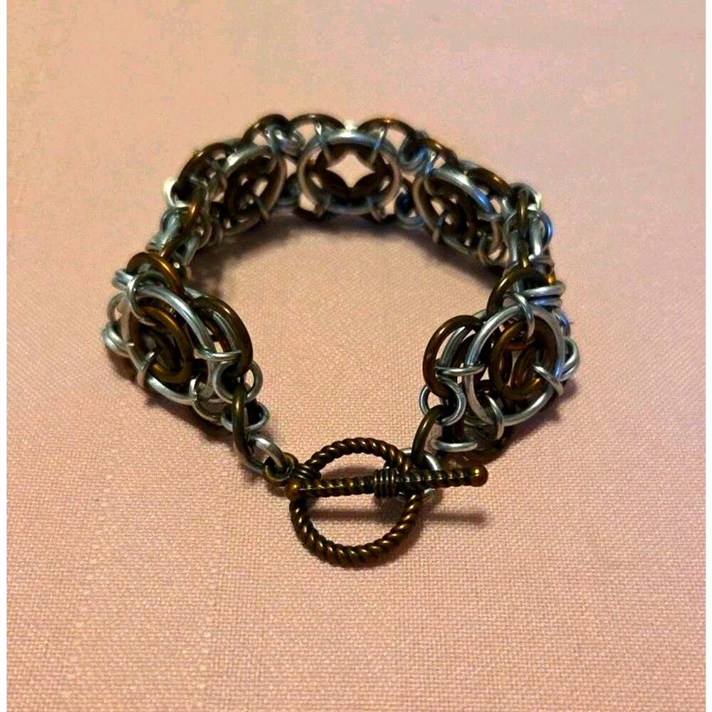 Hand Crafted Chain Maile Bracelet Copper Stainless Interlocking Rings Weave 8.5"